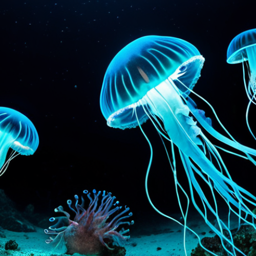 Home 16 **Diverse Deep-Sea Life**: Create an image showcasing a vibrant and diverse array of deep-sea organisms, including bioluminescent jellyfish and giant squids, thriving in a dark, cold ocean environment. Highlight the unique adaptations these creatures have developed to survive under high pressure.