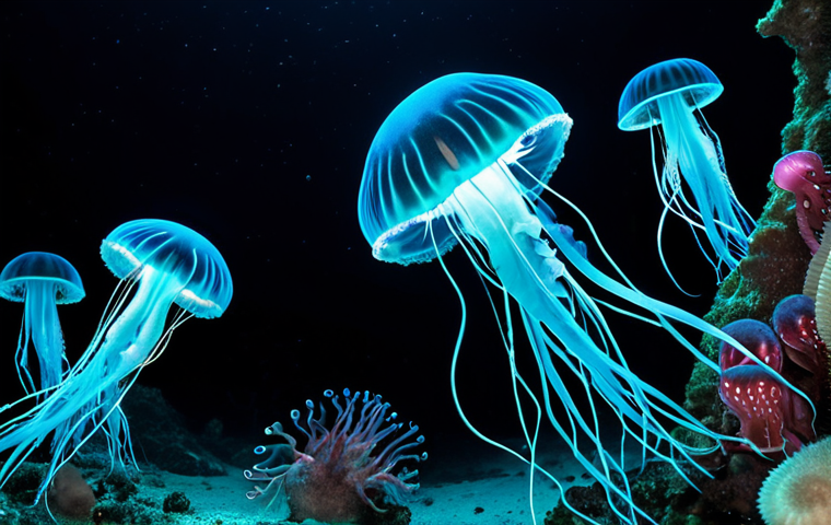 **Diverse Deep-Sea Life**: Create an image showcasing a vibrant and diverse array of deep-sea organisms, including bioluminescent jellyfish and giant squids, thriving in a dark, cold ocean environment. Highlight the unique adaptations these creatures have developed to survive under high pressure.
