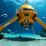 A futuristic deep-sea mining operation with advanced underwater robots extracting manganese nodules from the ocean floor. The image should depict both the technological advancements and the potential environmental impact, with a contrast between the mining equipment and the fragile deep-sea ecosystems. Include a research vessel on the surface monitoring the operation, emphasizing the need for scientific oversight.