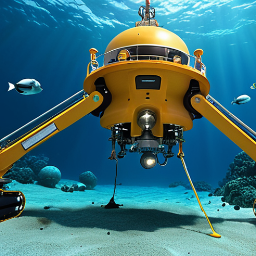 Home 15 A futuristic deep-sea mining operation with advanced underwater robots extracting manganese nodules from the ocean floor. The image should depict both the technological advancements and the potential environmental impact, with a contrast between the mining equipment and the fragile deep-sea ecosystems. Include a research vessel on the surface monitoring the operation, emphasizing the need for scientific oversight.