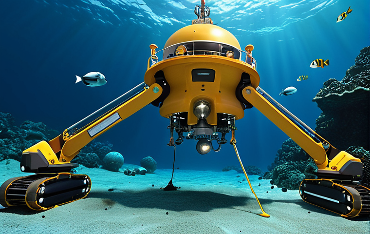 A futuristic deep-sea mining operation with advanced underwater robots extracting manganese nodules from the ocean floor. The image should depict both the technological advancements and the potential environmental impact, with a contrast between the mining equipment and the fragile deep-sea ecosystems. Include a research vessel on the surface monitoring the operation, emphasizing the need for scientific oversight.