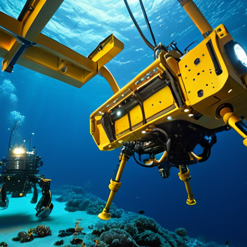 Home 8 **
A futuristic underwater mining operation in the deep sea. Robots are extracting manganese nodules from the seabed. Bioluminescent deep-sea creatures illuminate the scene. A remotely operated vehicle (ROV) is visible, monitored by operators on a research vessel above. Emphasize the contrast between advanced technology and the fragility of the deep-sea environment.
**