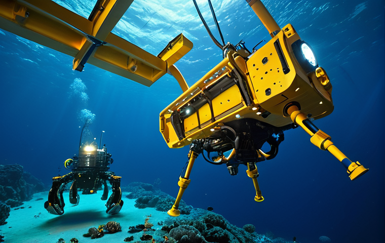 **
A futuristic underwater mining operation in the deep sea. Robots are extracting manganese nodules from the seabed. Bioluminescent deep-sea creatures illuminate the scene. A remotely operated vehicle (ROV) is visible, monitored by operators on a research vessel above. Emphasize the contrast between advanced technology and the fragility of the deep-sea environment.
**
