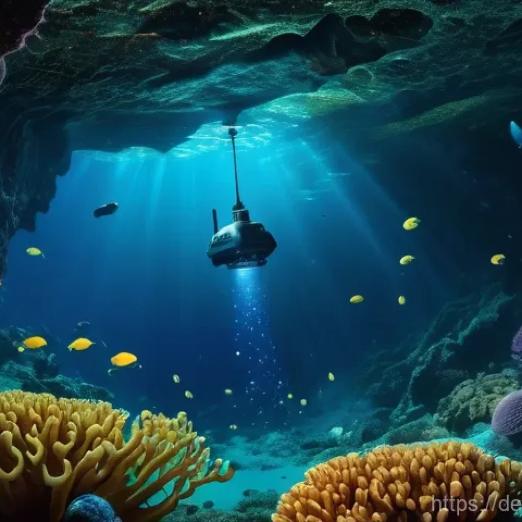 심해 탐사에서의 데이터 분석 기술 - **Prompt:** A sleek, advanced Autonomous Underwater Vehicle (AUV) with glowing blue sensors navigate...
