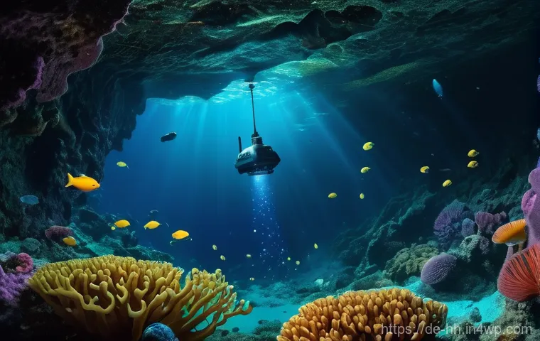 심해 탐사에서의 데이터 분석 기술 - **Prompt:** A sleek, advanced Autonomous Underwater Vehicle (AUV) with glowing blue sensors navigate...