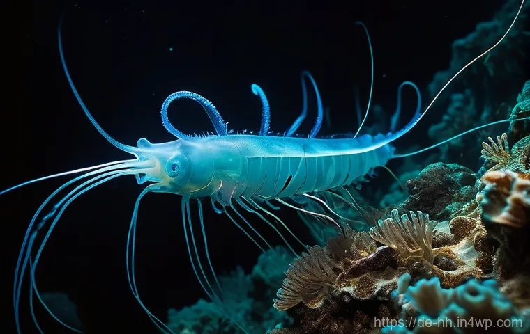 심해 식민지 구상의 윤리적 측면 - **Prompt: Mysterious Bioluminescent Deep Sea**
A wide-angle, breathtaking view of a pristine dee...