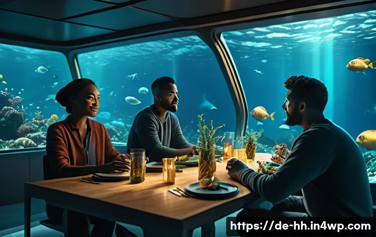 심해 식민지 구상의 심리적 요인 - A futuristic underwater colony interior scene showing a small, diverse group of adults dressed in co...