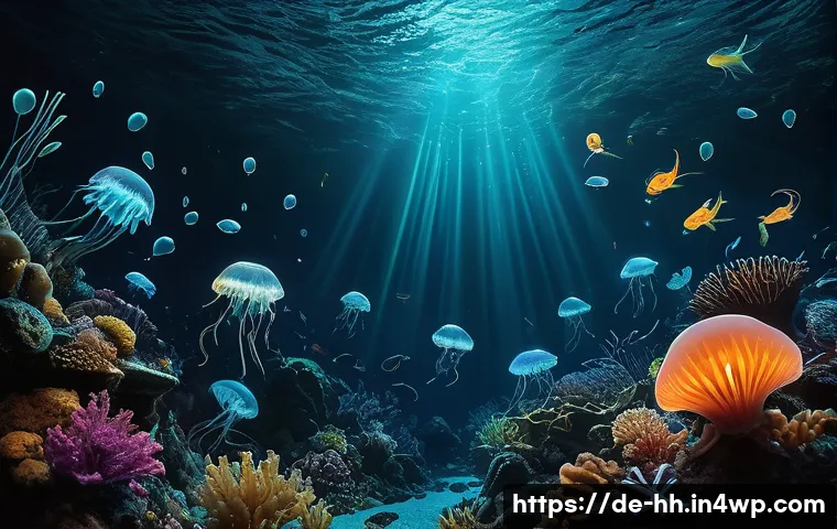 심해 생물자원 보호를 위한 정책 제안 - A highly detailed underwater scene of diverse deep-sea creatures exhibiting bioluminescence in a pit...