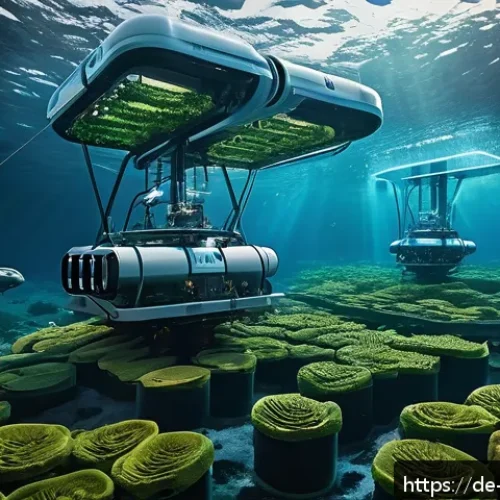 Home 33 심해 식민지에서의 지속 가능한 농업 모델 - A futuristic underwater farm scene showcasing automated aquaculture technology in the deep sea near ...