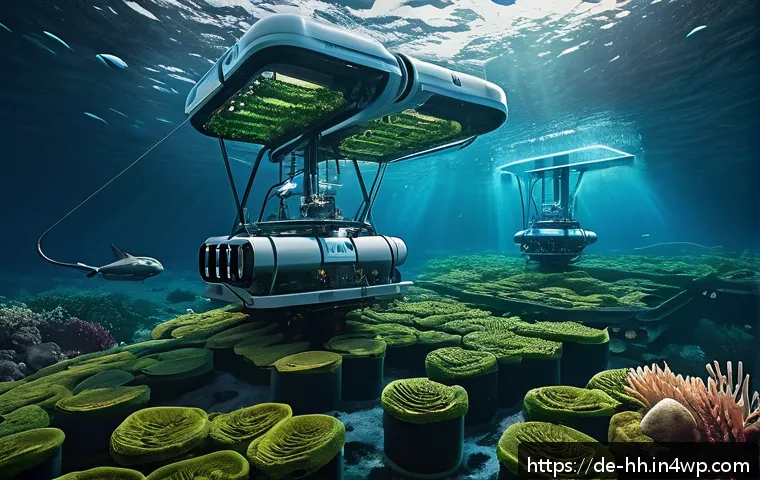 심해 식민지에서의 지속 가능한 농업 모델 - A futuristic underwater farm scene showcasing automated aquaculture technology in the deep sea near ...