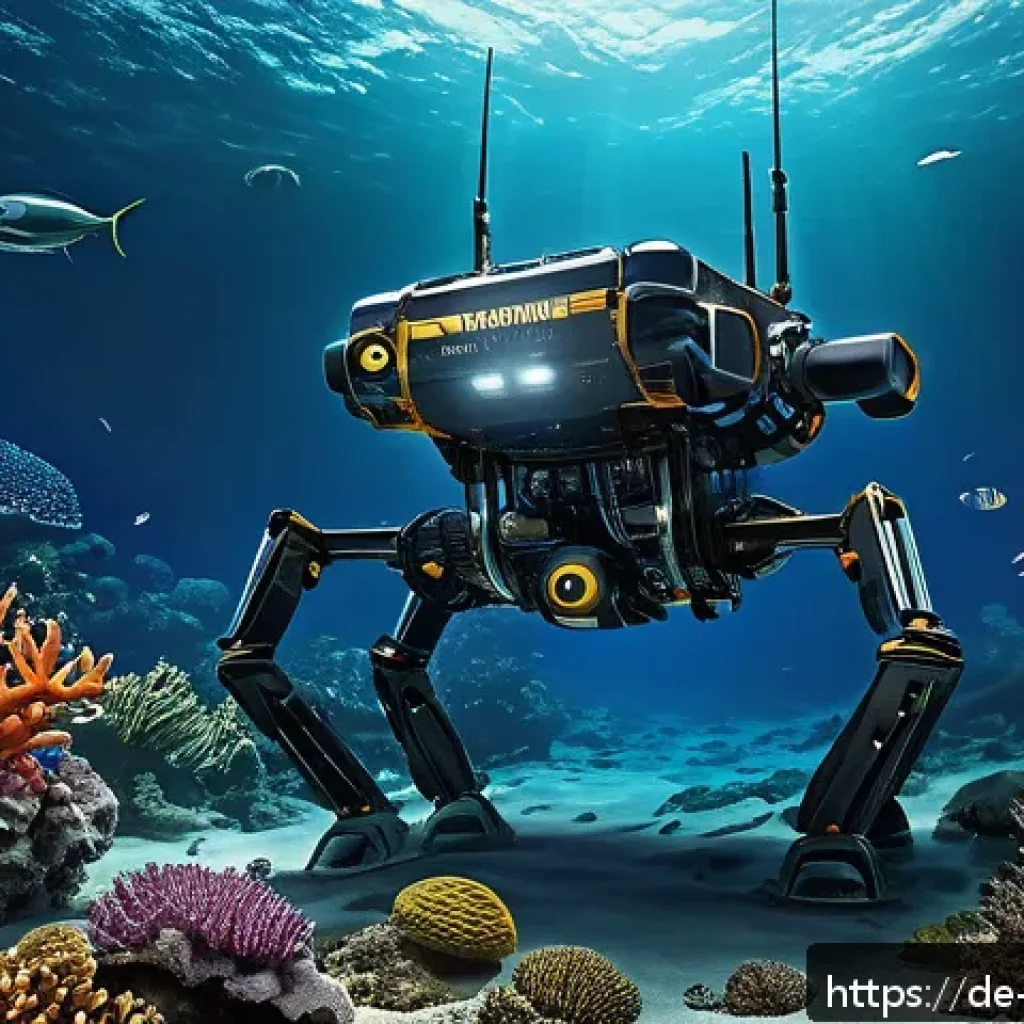 심해 식민지 구상에 대한 사회적 합의 과정 - A highly detailed underwater scene depicting advanced autonomous deep-sea exploration robots navigat...