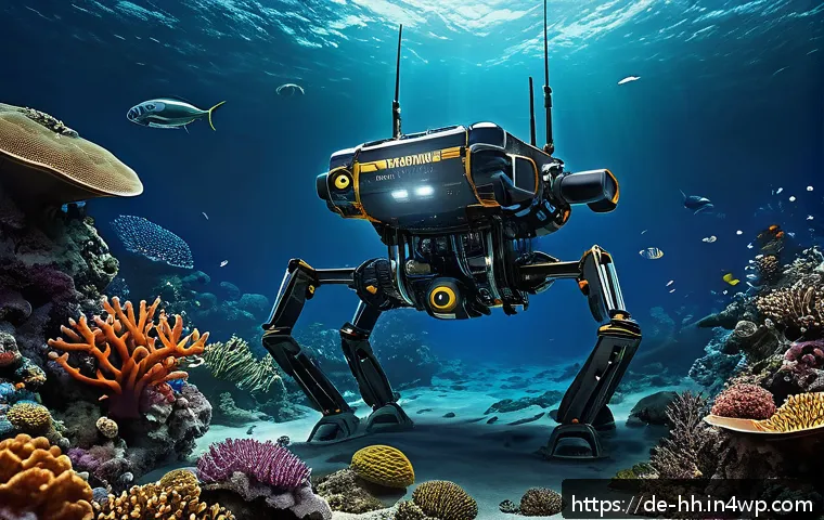 심해 식민지 구상에 대한 사회적 합의 과정 - A highly detailed underwater scene depicting advanced autonomous deep-sea exploration robots navigat...