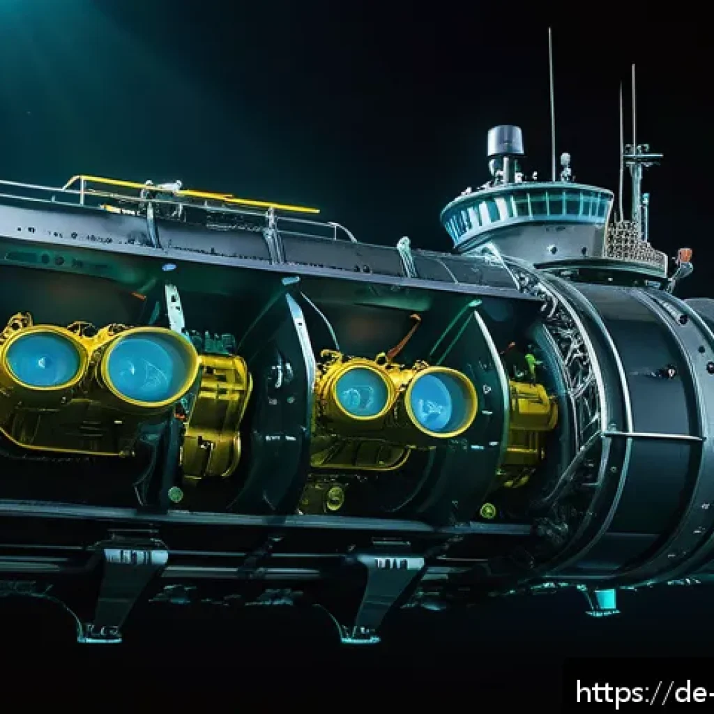 심해 생물자원 활용 방안 - A highly detailed scene depicting an advanced autonomous underwater vehicle exploring the deep sea a...