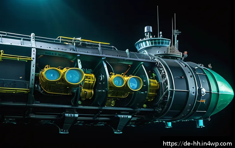 심해 생물자원 활용 방안 - A highly detailed scene depicting an advanced autonomous underwater vehicle exploring the deep sea a...
